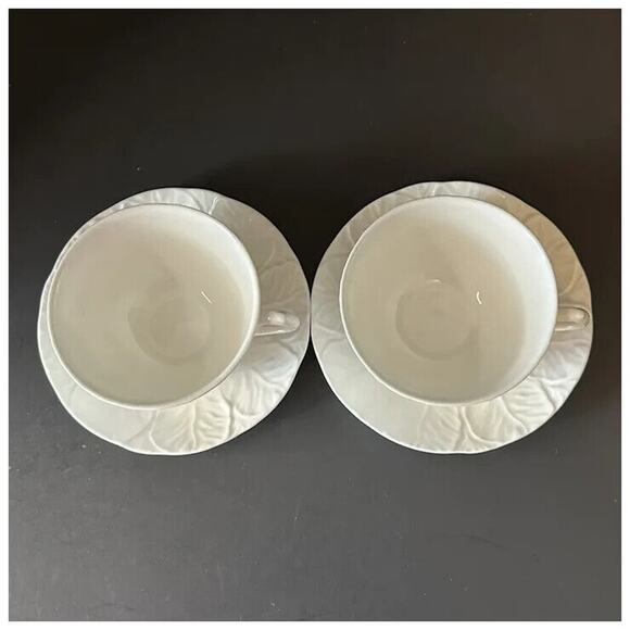 WEDGWOOD Countryware Flat Cup &Saucer Set of 2 All White Embossed Leaves No Trim - Picture 6 of 13